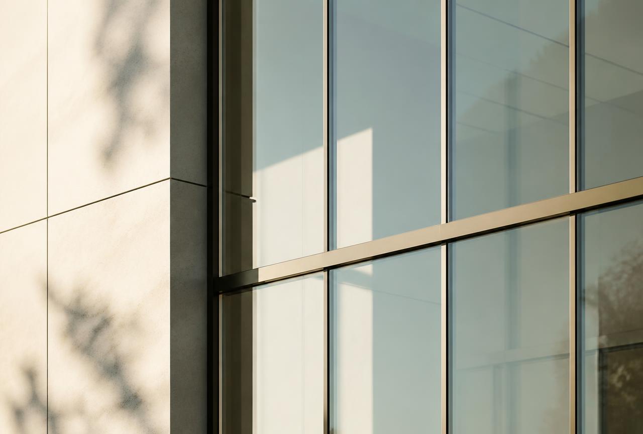 Sunlit glass facade with clean lines and soft shadows