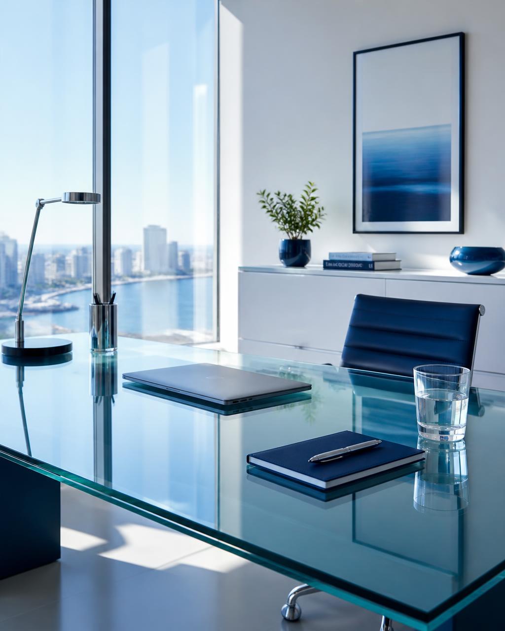 Polished glass desk in a sunlit modern office